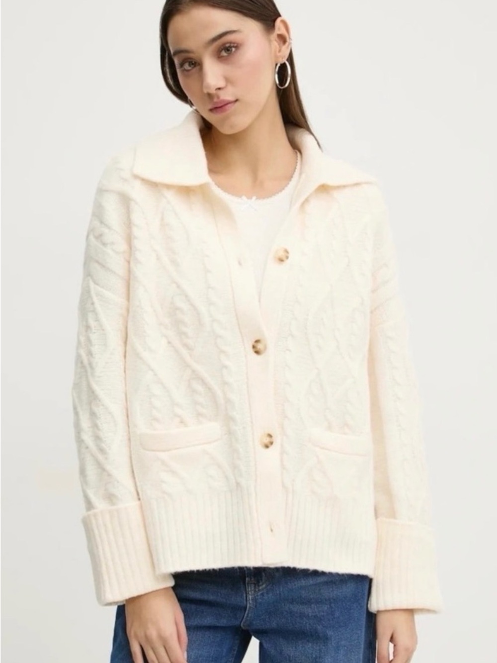 Abercrombie & Fitch Cream Cable-Knit Button Cardigan